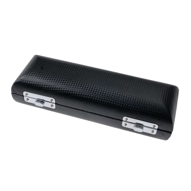 Black textured hard eyeglass case with two silver latches on a white background. ขายราคาพิเศษ