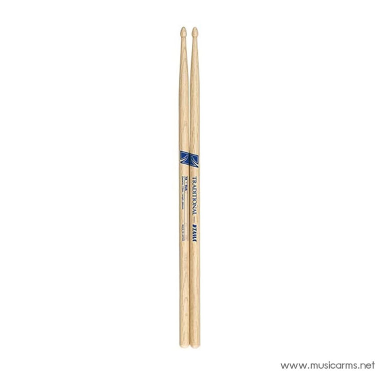 Pair of wooden drumsticks with a blue logo, standing upright side by side. ขายราคาพิเศษ