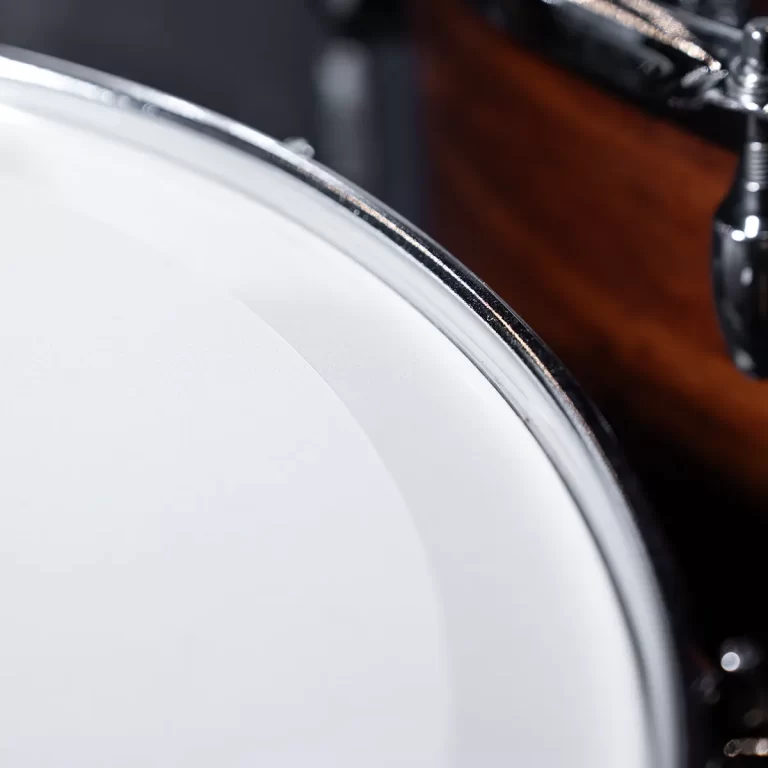 Close-up of a drum head and chrome rim on a wooden drum shell ขายราคาพิเศษ