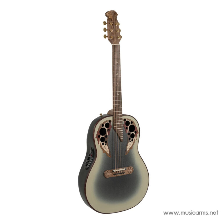Acoustic guitar with decorative flower-shaped soundholes and a gray-to-cream gradient finish. ขายราคาพิเศษ
