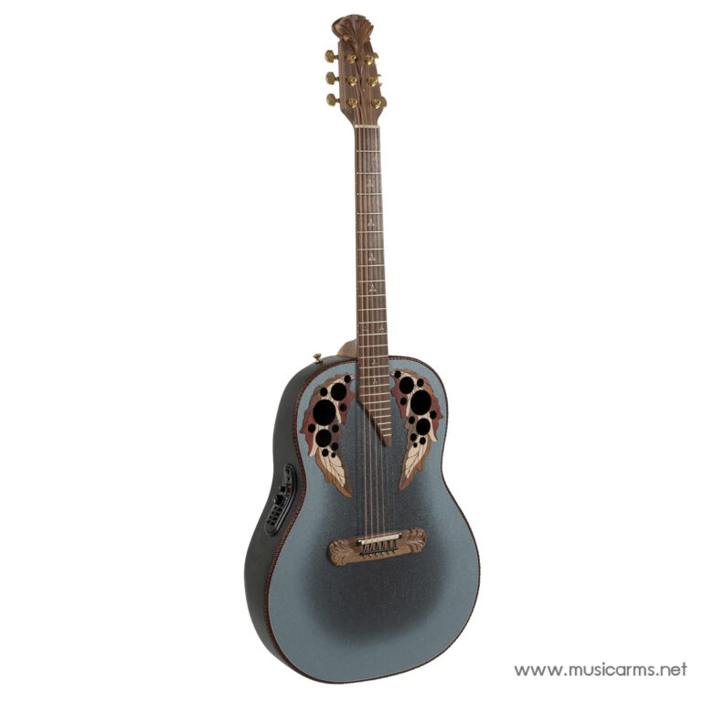 Blue acoustic guitar with ornate wing-shaped inlays around the soundholes and a brown neck. ขายราคาพิเศษ