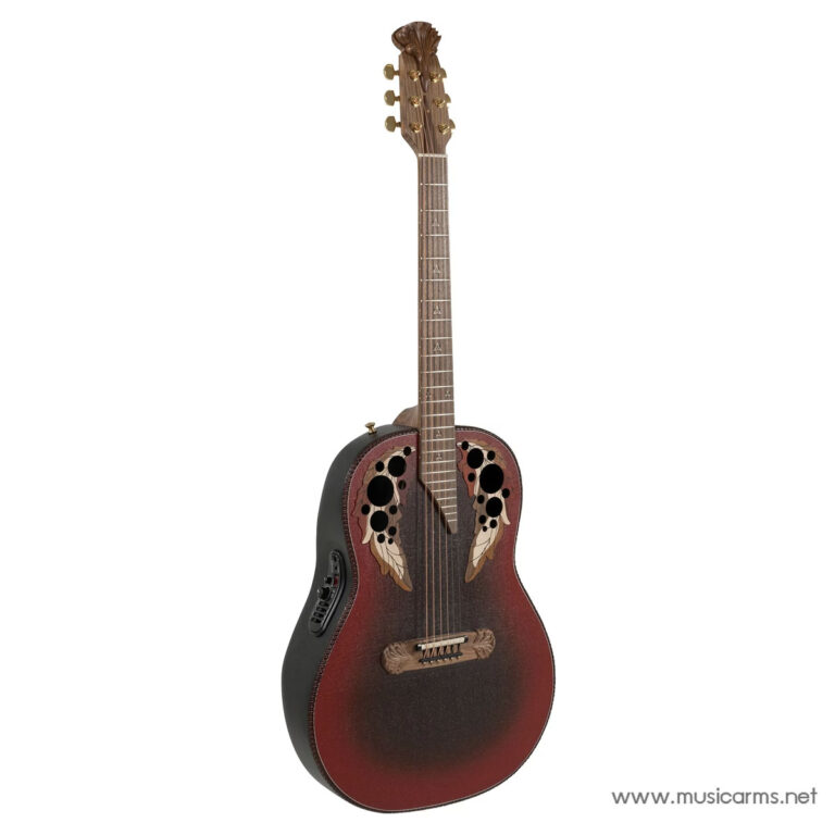 Decorative acoustic guitar with a sunburst red-to-brown finish, ornate cutout soundhole design, and a built-in electronics panel on the side for amplification. ขายราคาพิเศษ