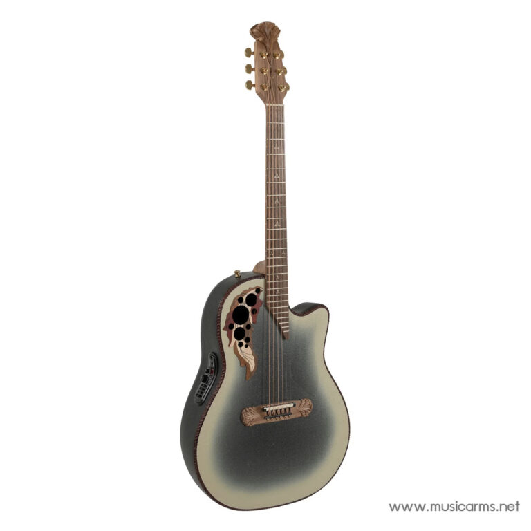 Acoustic cutaway guitar with a decorative soundhole rosette and built-in electronics, shown in a dark sunburst finish. ขายราคาพิเศษ