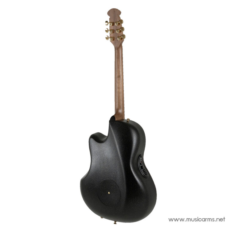 Rear view of a black glossy electric guitar with a wooden neck and six gold tuning pegs on the headstock, against a white background. ขายราคาพิเศษ