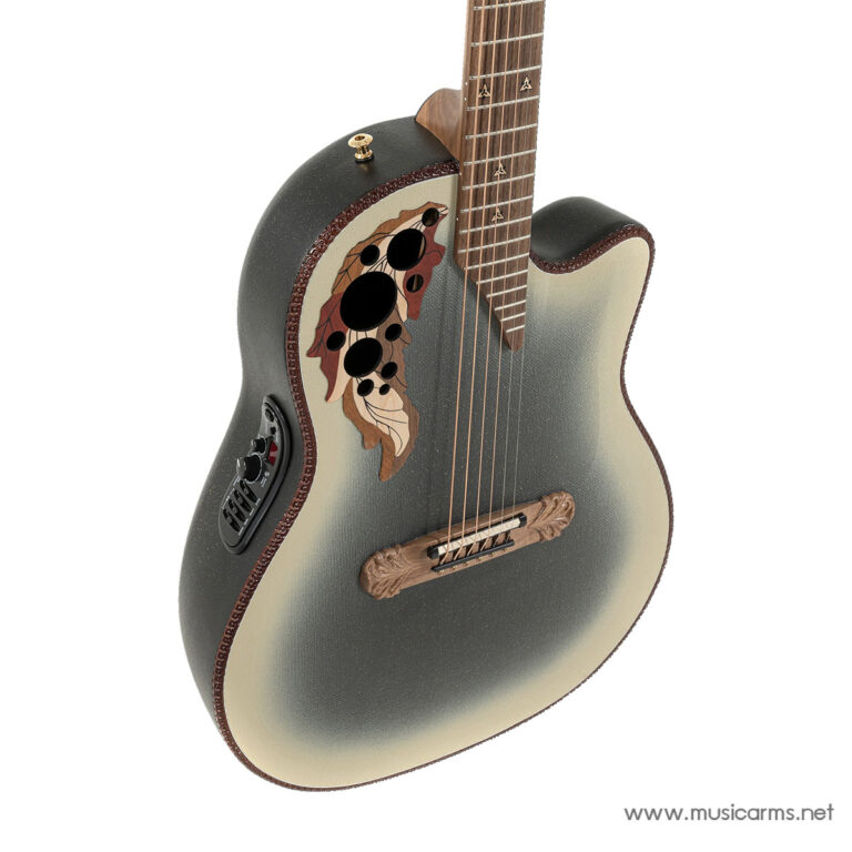 Dark gray gradient acoustic guitar with a carved wooden bridge, decorative rosette, and side-mounted control panel visible on the lower bout. ขายราคาพิเศษ