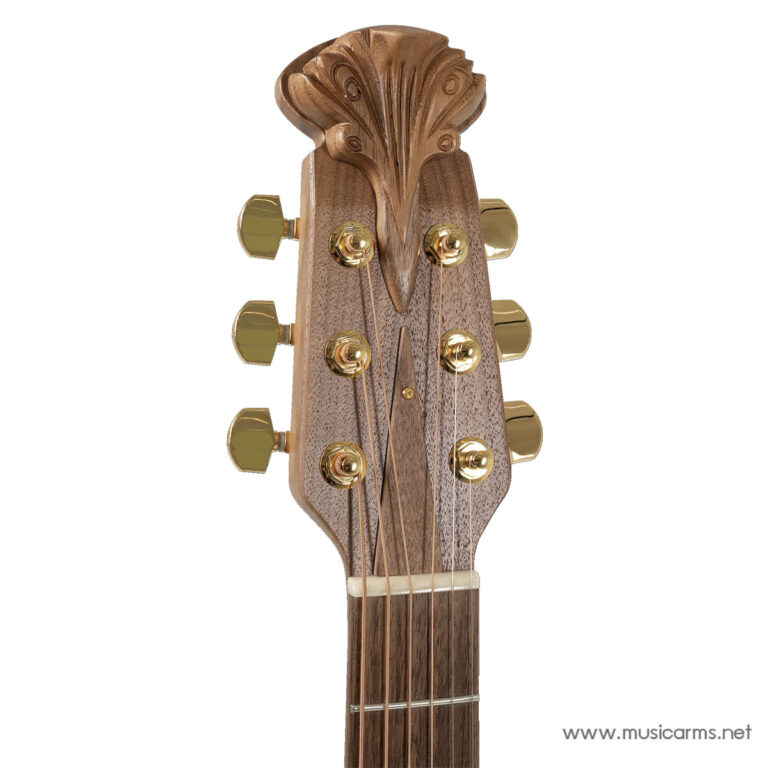 Close-up of an acoustic guitar headstock with ornate carved top and six gold tuning pegs ขายราคาพิเศษ