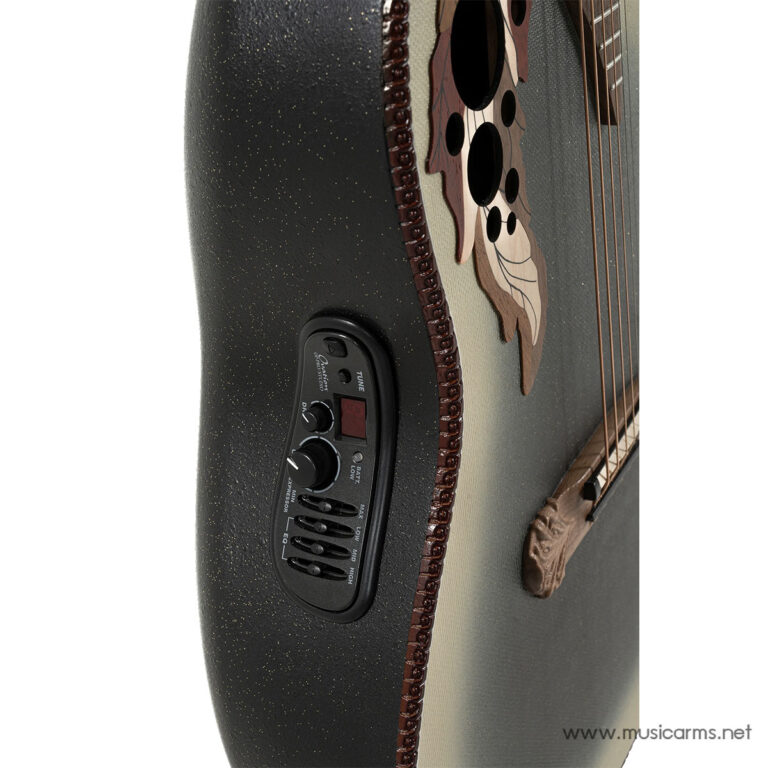 Side view of an acoustic guitar showing the built-in tuner and control panel on the lower bout, with decorative inlays and a dark speckled finish. ขายราคาพิเศษ