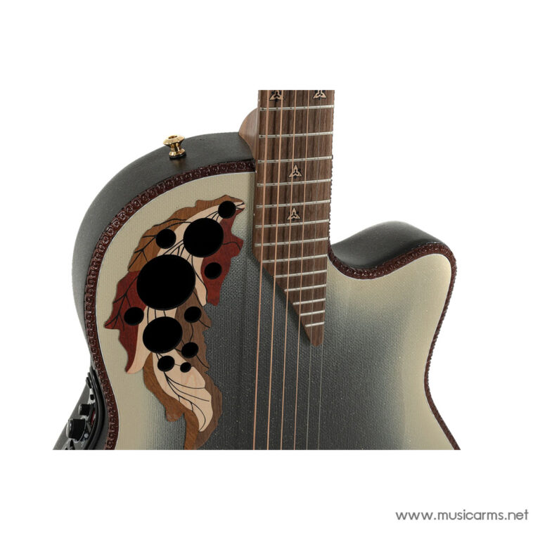Close-up of a guitar body with a floral leaf veneer, brown trim, gradient gray finish, and a wooden neck. ขายราคาพิเศษ
