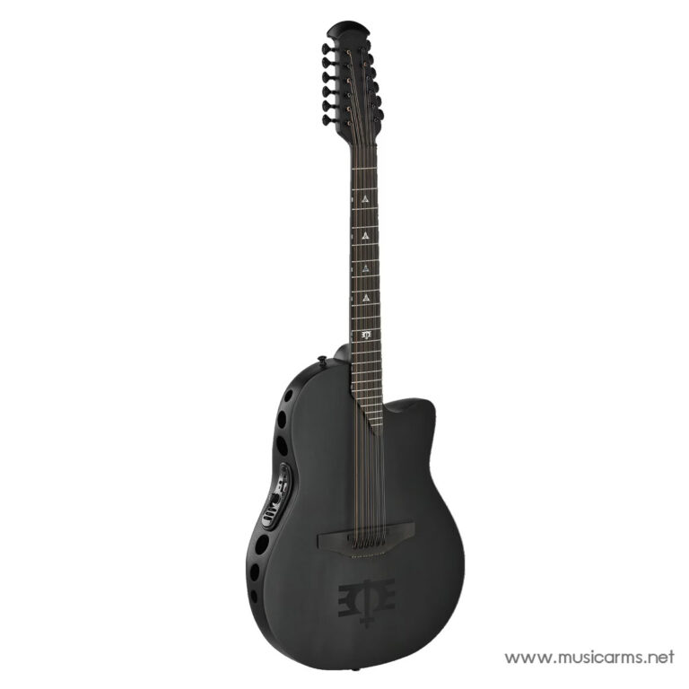 Black 12-string acoustic-electric guitar with a cutaway and side sound holes, resting on a white background. ขายราคาพิเศษ