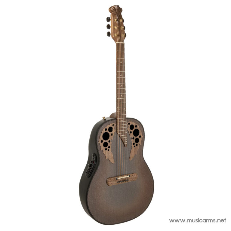 Brown acoustic-electric guitar with ornate cutouts around multiple circular sound holes on the body, side electronics visible ขายราคาพิเศษ