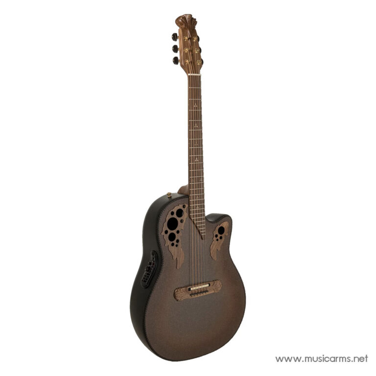 Brown acoustic guitar with decorative cutouts on the soundboard and a pickup panel on the side, standing upright. ขายราคาพิเศษ