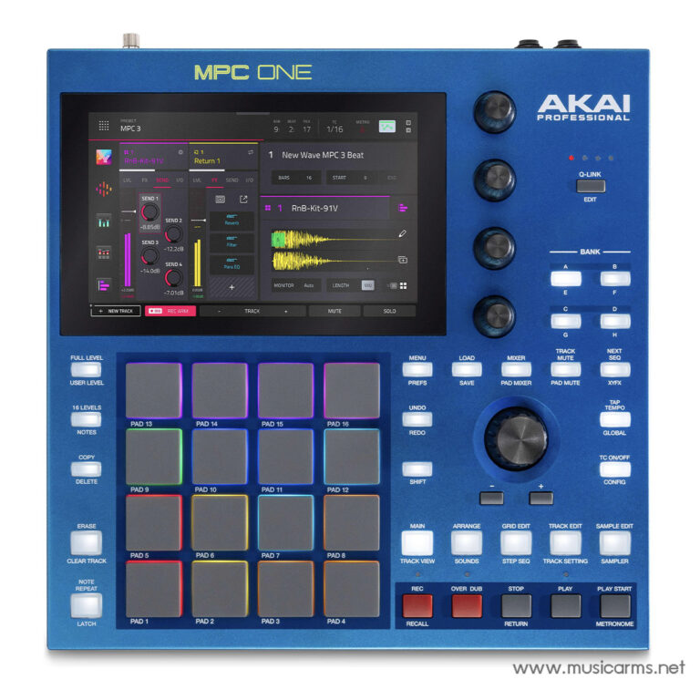 Blue Akai MPC One music production controller with a large touch screen and grid of backlit pads on the front panel ขายราคาพิเศษ