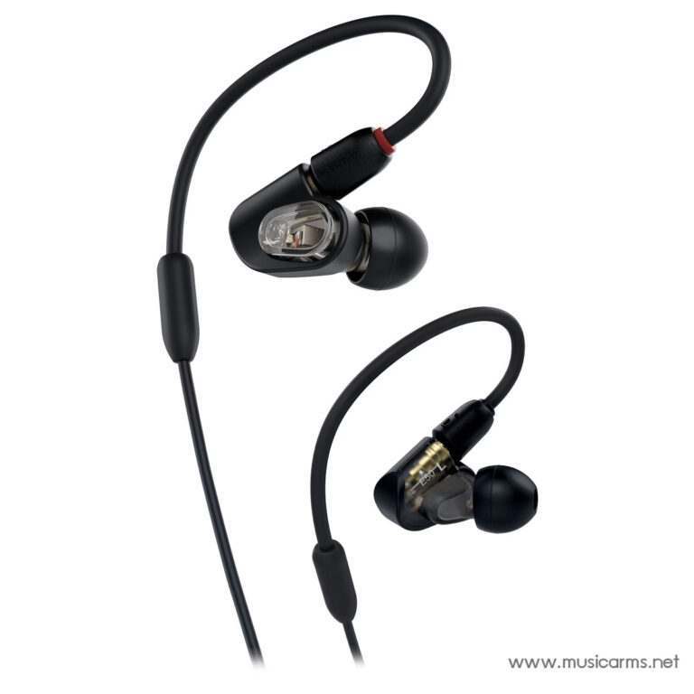 Black wireless sports earbuds with over-ear hooks and cushioned tips, shown from a side angle. ขายราคาพิเศษ