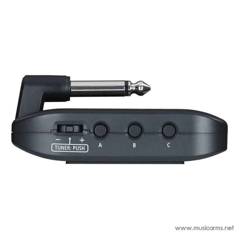 Guitar tuner pedal with a plug-in 1/4 inch jack and three labeled buttons A, B, C on a dark gray body. ขายราคาพิเศษ