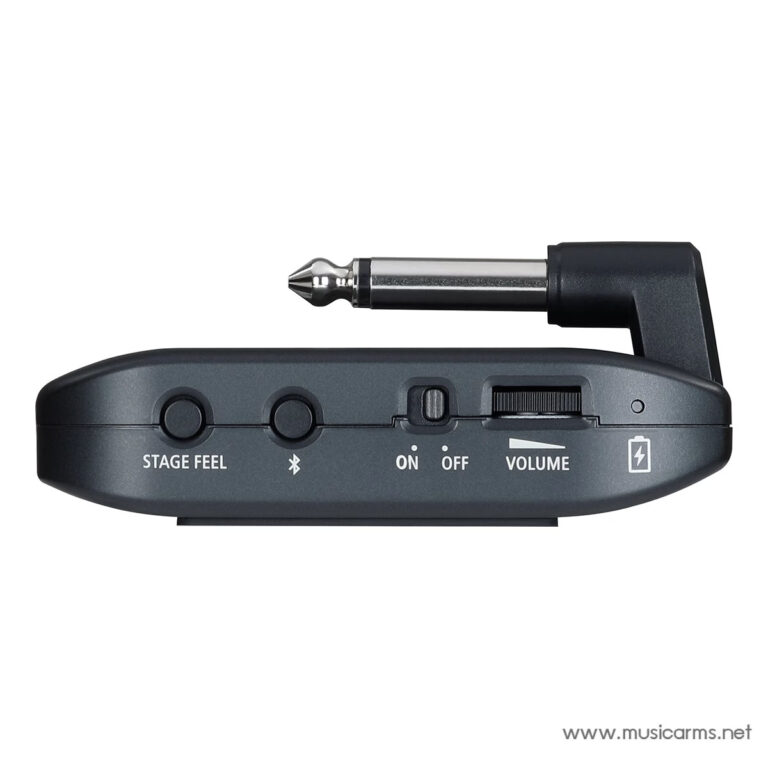 Guitar accessory with a ¼-inch plug and side-mounted controls labeled Stage Feel, Bluetooth, On/Off, and Volume on a dark gray body. ขายราคาพิเศษ