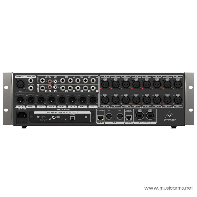 Back panel of a Behringer digital mixer with 32 input channels, numerous XLR/TRS jacks and a USB/expansion slot ขายราคาพิเศษ