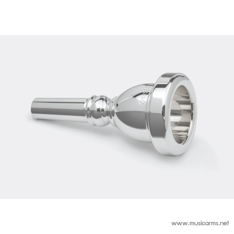 Shiny silver trumpet mouthpiece lying on a white background in a studio setting ขายราคาพิเศษ