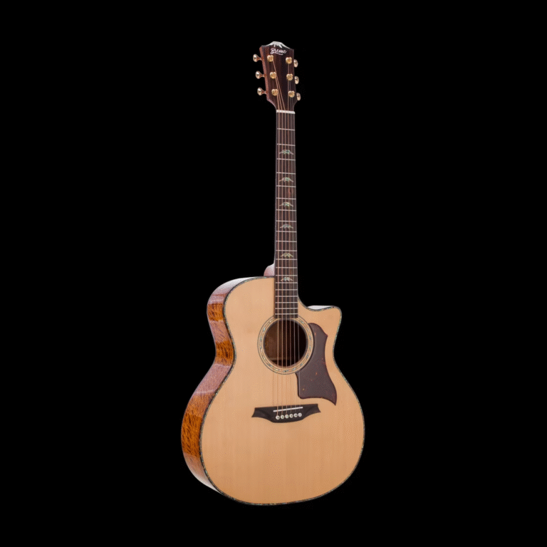 Natural wood acoustic guitar with a cutaway, standing against a black background. ขายราคาพิเศษ