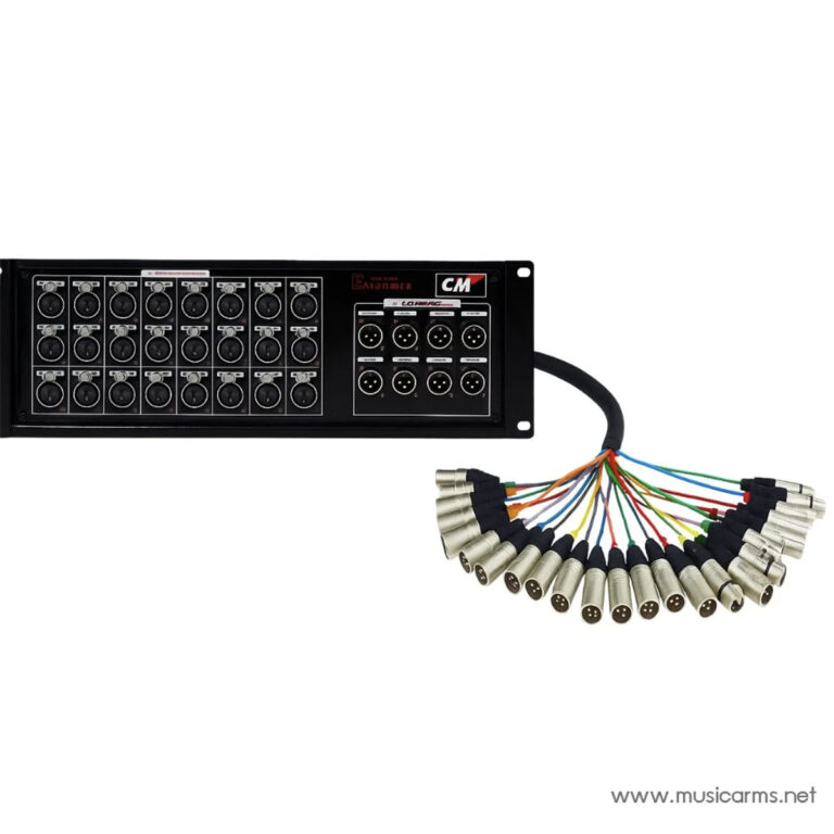Front view of a 24-channel stage snake/mixer rack with many XLR input connectors and a bundle of color‑coded XLR cables plugged in. ขายราคาพิเศษ