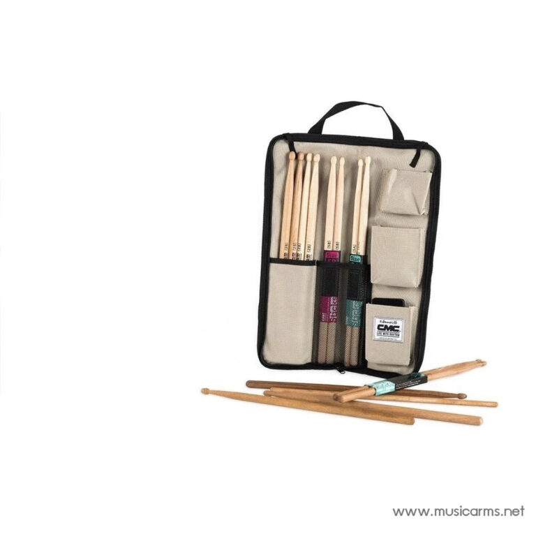 Open beige roll-up case with multiple wooden drumsticks secured in elastic pockets; extra sticks lie on a white surface nearby. ขายราคาพิเศษ