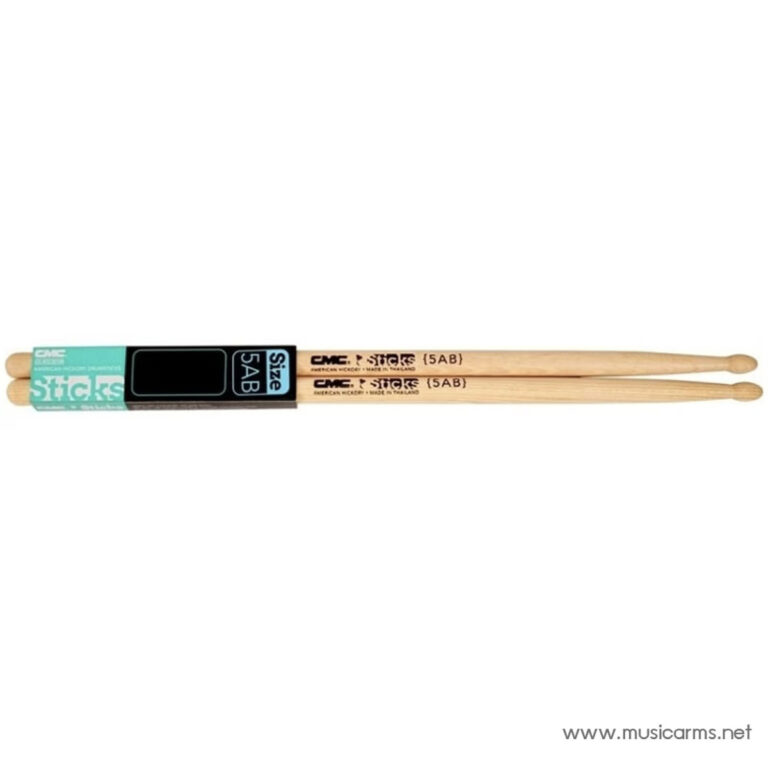 Pair of wooden drumsticks beside turquoise packaging labeled 'Sticks' and size 5AB on a white background ขายราคาพิเศษ