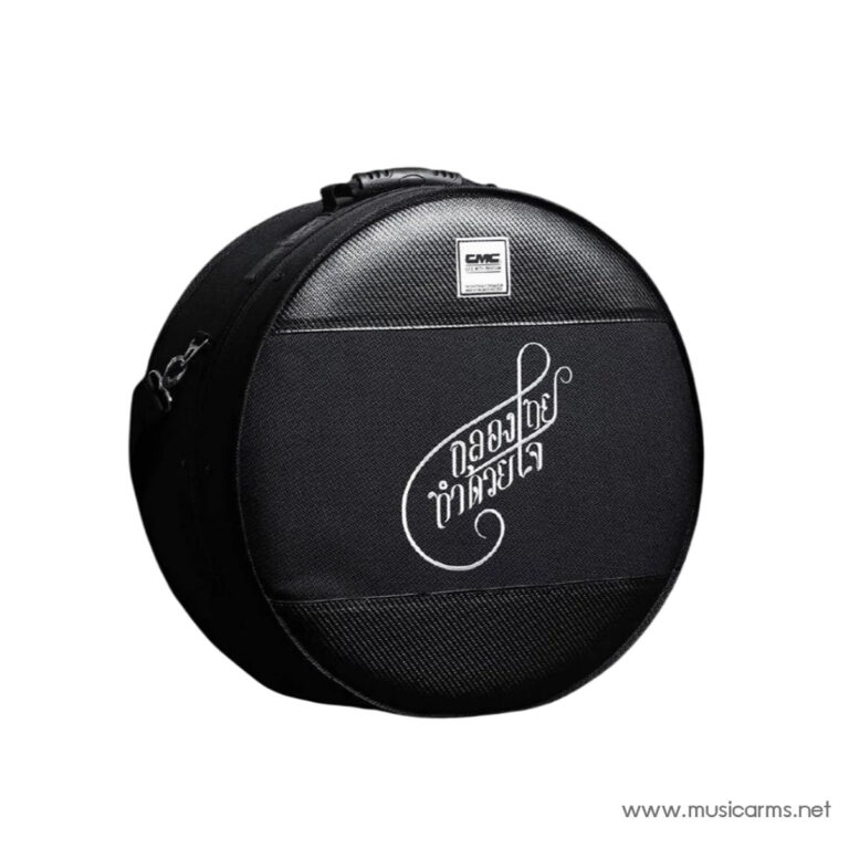 Black circular drum case with a zipper, carrying handle, and a decorative white script logo on the front. ขายราคาพิเศษ