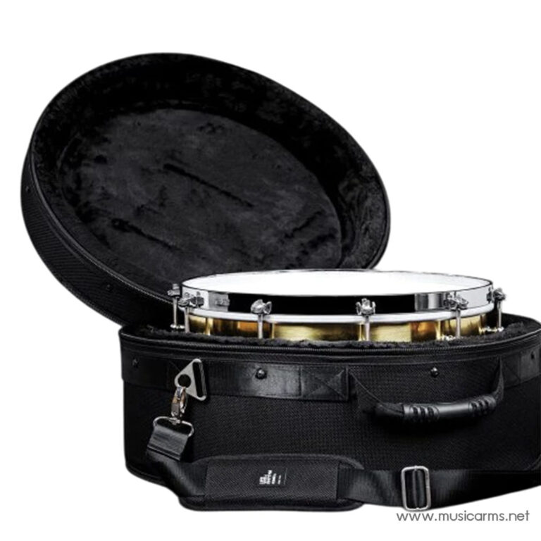Snare drum in a black carrying case with the lid open, chrome hardware visible and a white drumhead showing inside the case. ขายราคาพิเศษ