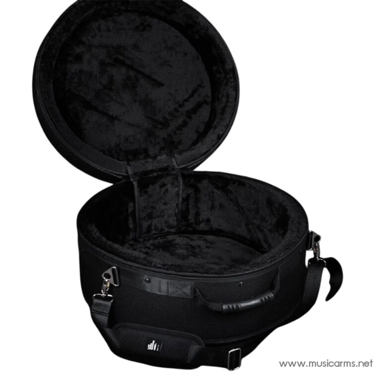 Open round black instrument case with plush interior, designed for a banjo, showing soft lining and strap. ขายราคาพิเศษ