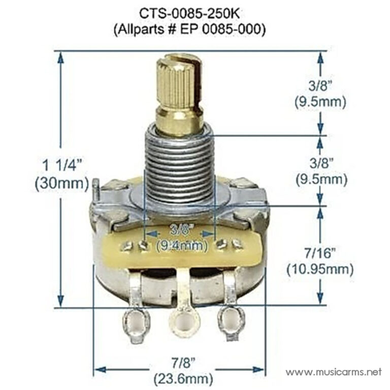 Technical diagram of a CTS-0085-250K potentiometer with labeled shaft and body dimensions (1 1/4 in tall, 23.6 mm wide, shaft 3/8 in). ขายราคาพิเศษ