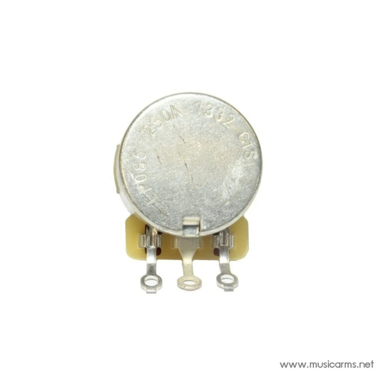 Three-terminal trimmer potentiometer with a silver metal can and yellow base, used to adjust resistance in circuits. ขายราคาพิเศษ