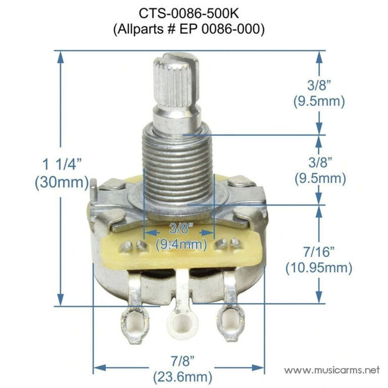 Three-terminal potentiometer with a threaded shaft and mounting hardware; labeled CTS-0086-500K (Allparts EP 0086-000). ขายราคาพิเศษ