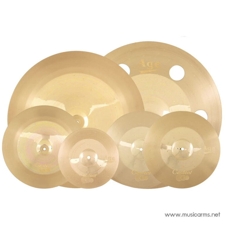 Set of overlapping brass cymbals in varying sizes, stacked together for a percussion setup. ขายราคาพิเศษ