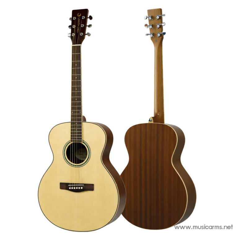 Front and back views of two acoustic guitars on a white background: one with a light natural top and the other showing the wood back. ขายราคาพิเศษ