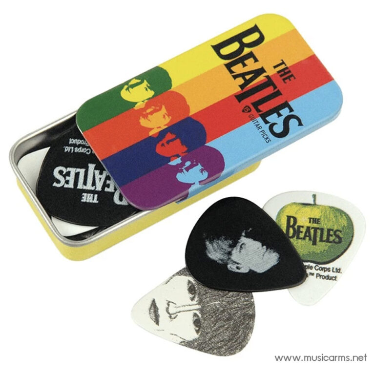 Metal tin box labeled The Beatles guitar picks with a rainbow design, open to reveal assorted guitar picks featuring Beatles imagery. ขายราคาพิเศษ