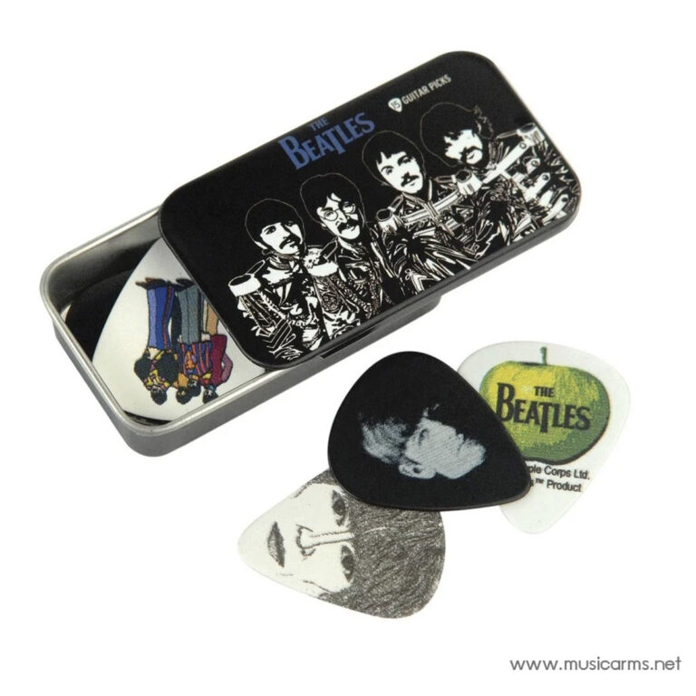 Tin box labeled The Beatles holds assorted guitar picks with Beatles imagery and logos outside the lid. ขายราคาพิเศษ