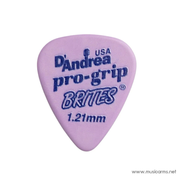 Pink guitar pick with blue text reading 'D'Andrea pro-grip BRITES 1.21mm, USA' on a white background. ขายราคาพิเศษ