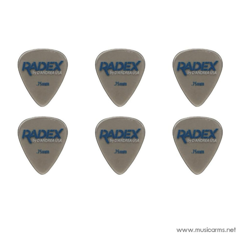 Six RADEX guitar picks (.75 mm) arranged in two rows of three, showing the blue RADEX logo. ขายราคาพิเศษ