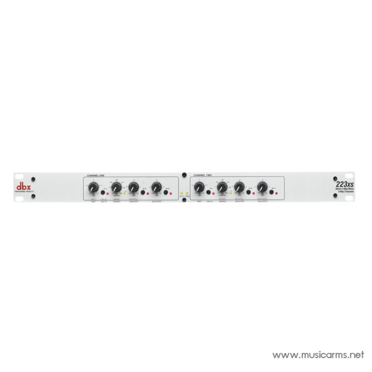 Front panel of a dbx 223xs stereo compressor/limiter rackmount unit (two channels) with multiple knobs and indicator LEDs on each channel panel. ขายราคาพิเศษ
