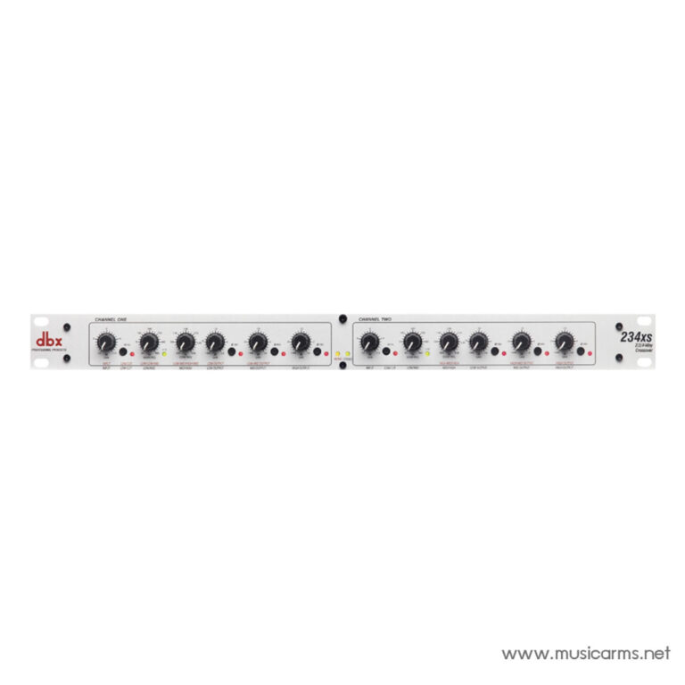 Front panel of a dbx 234xs dual-channel dynamics processor with knobs and LED indicators for each channel. ขายราคาพิเศษ