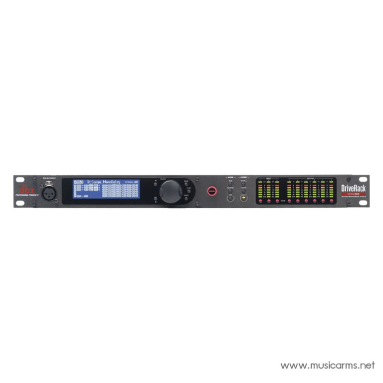 Rack-mount audio processor with a blue display, large central knob, and multiple LED meters labeled DriveRack Venue (dbx). ขายราคาพิเศษ
