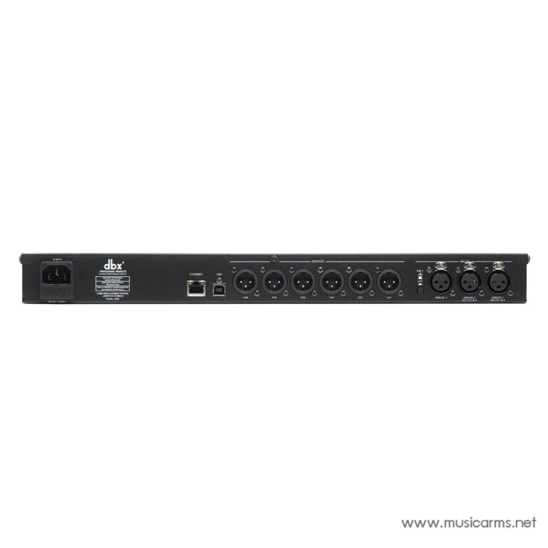 Rear view of a 1U rackmount audio interface with multiple XLR connectors and network/USB ports (dbx model) for inputs and outputs ขายราคาพิเศษ