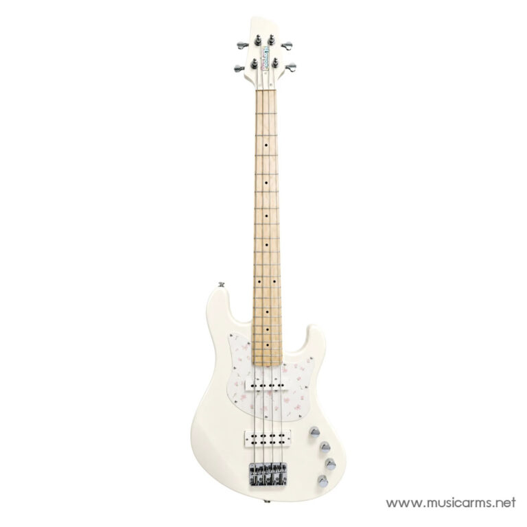 White electric guitar with a floral pink pickguard, maple neck, and three pickups. ขายราคาพิเศษ