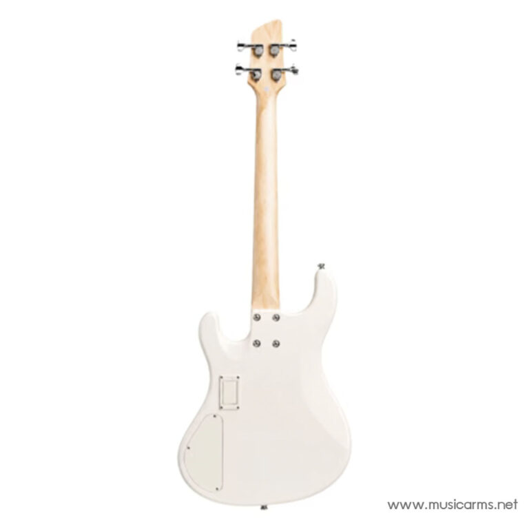 Rear view of a white electric bass guitar with a natural wood neck and tuning pegs visible ขายราคาพิเศษ