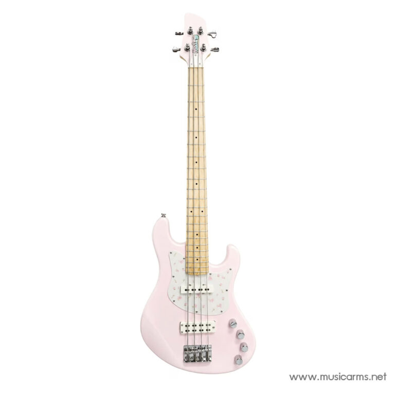 Pink electric bass guitar with a floral pickguard and maple neck on a white background, showing chrome hardware. Has four strings and control knobs at the lower body edge. ขายราคาพิเศษ