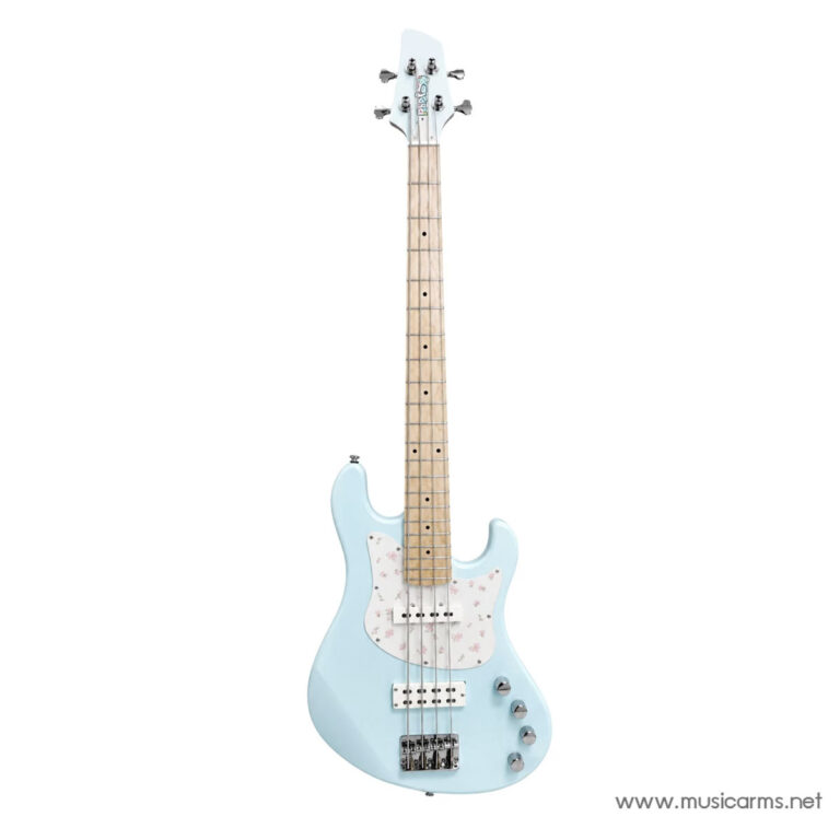 Light blue electric bass guitar with a floral pickguard and maple neck on a white background ขายราคาพิเศษ