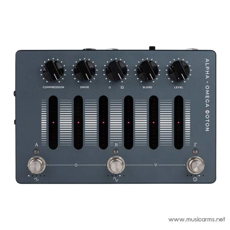 Blue-gray guitar effects pedal with five knobs (Compression, Drive, α, Ω, Blend/Level), five vertical sliders and three footswitches labeled A, B and R/Ø on a metal plate. ขายราคาพิเศษ