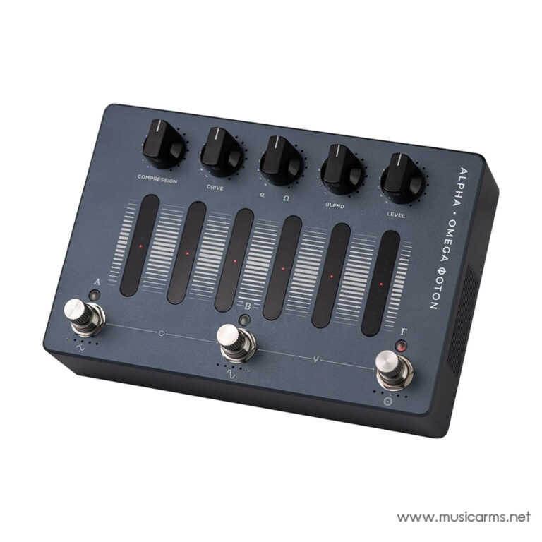 Blue-gray studio audio controller featuring five vertical faders, five top knobs (Compression, Drive, Blend, Level, etc.), and three footswitches at the bottom right. ขายราคาพิเศษ