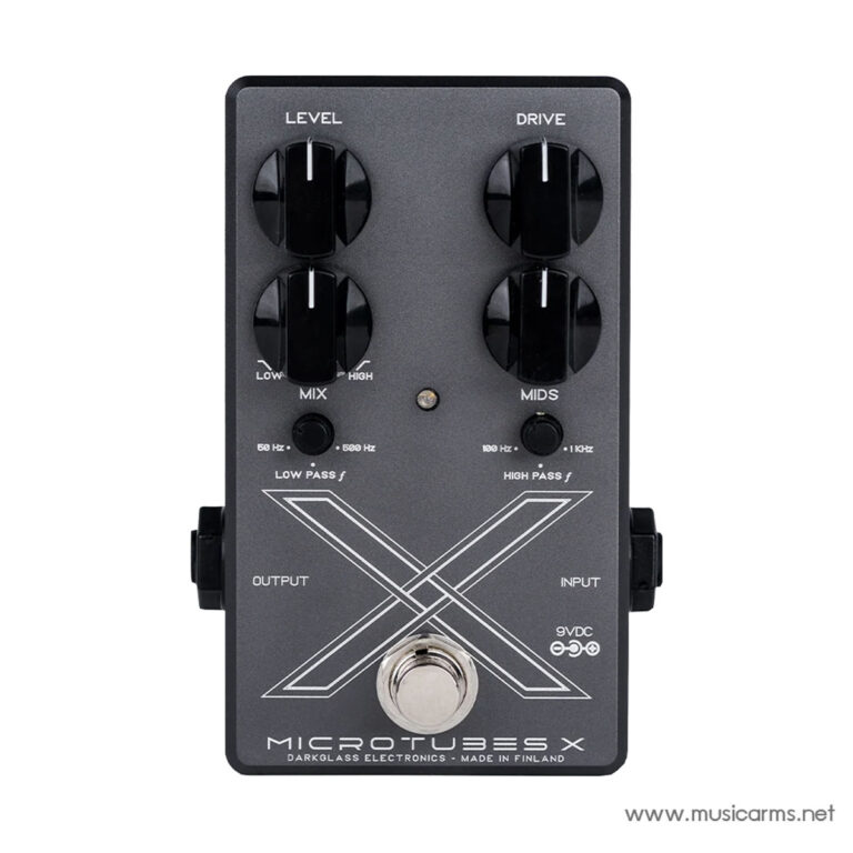 Guitar/bass effects pedal with four knobs (Level, Drive, Mix, Mids) and two small toggle knobs, labeled Input/Output on a dark gray panel with a cross graphic and a footswitch at the bottom. ขายราคาพิเศษ