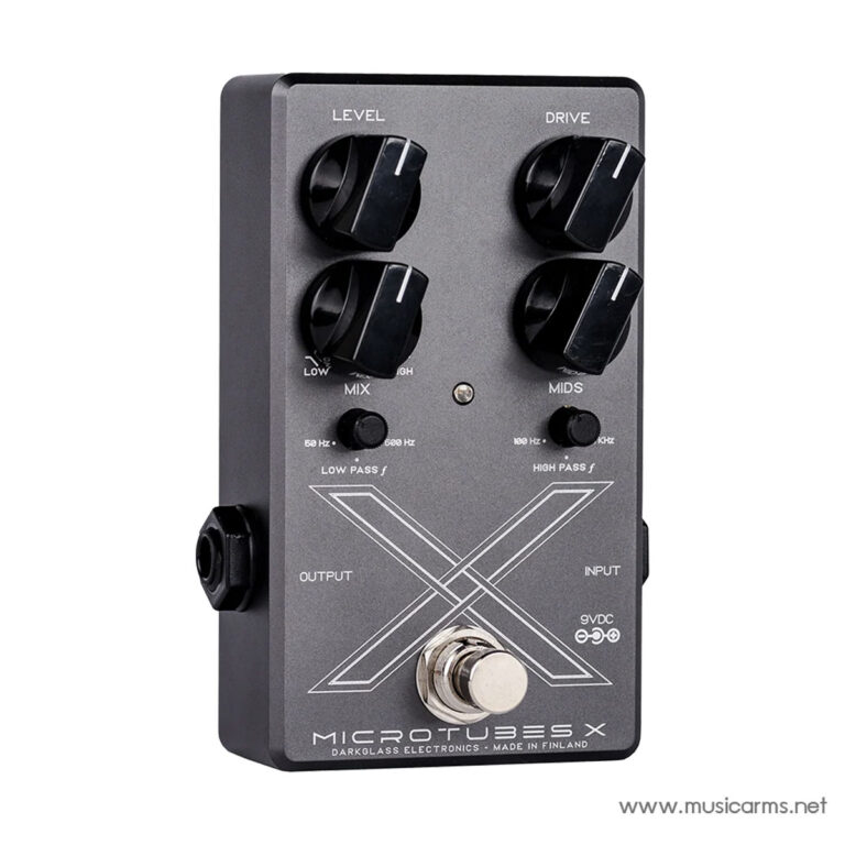 A guitar effects pedal with four large knobs labeled Level, Drive, Mix, and Mids; input/output jacks and a footswitch on a gray metallic faceplate. ขายราคาพิเศษ