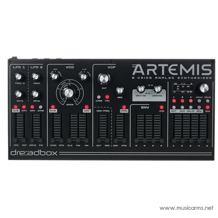AR TEMIS 6-voice analog synthesizer front panel with knobs and sliders, labeled dre:adbox and Artemis on a black panel. ขายราคาพิเศษ